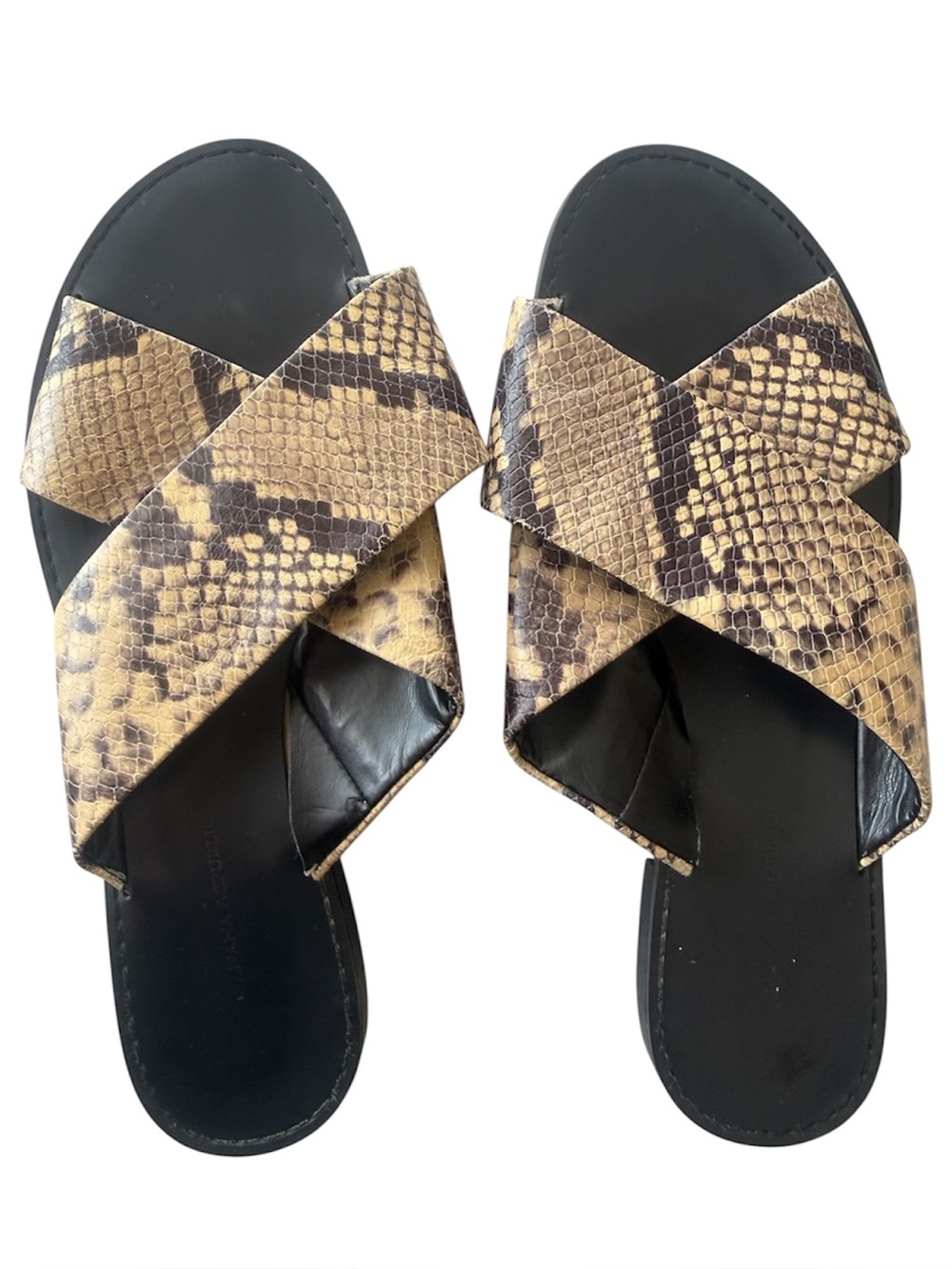 BANANA REPUBLIC SNAKE PRINT CRISSCROSS SLIDE SANDALS SIZE 10 BLACK/BROWN/CREAM